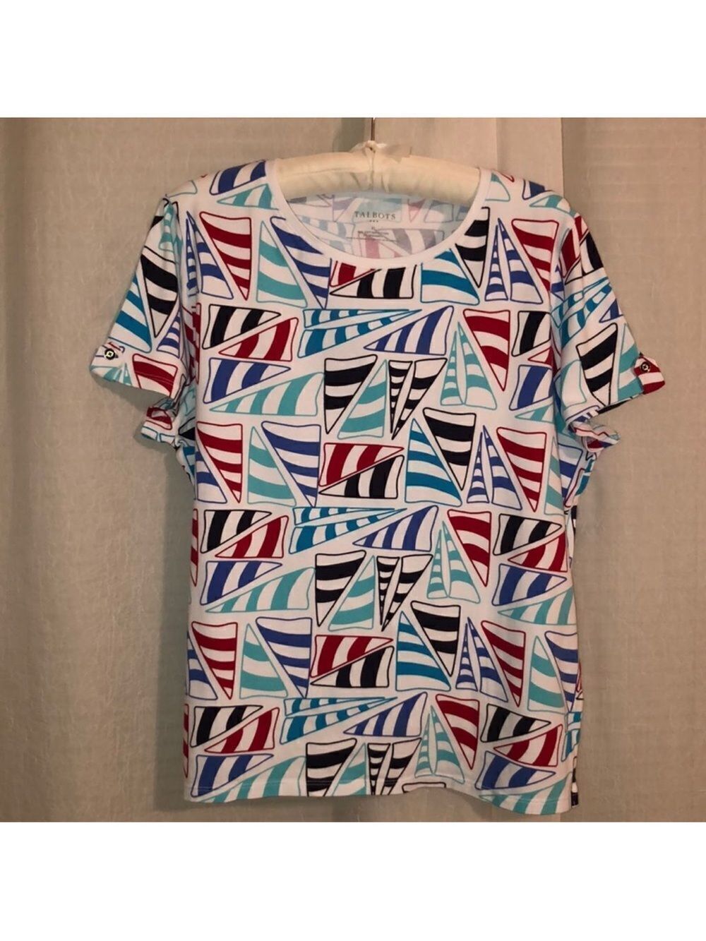 Talbots XL White Blue Red Nautical Short Sleeve Cotton Crewneck Tee